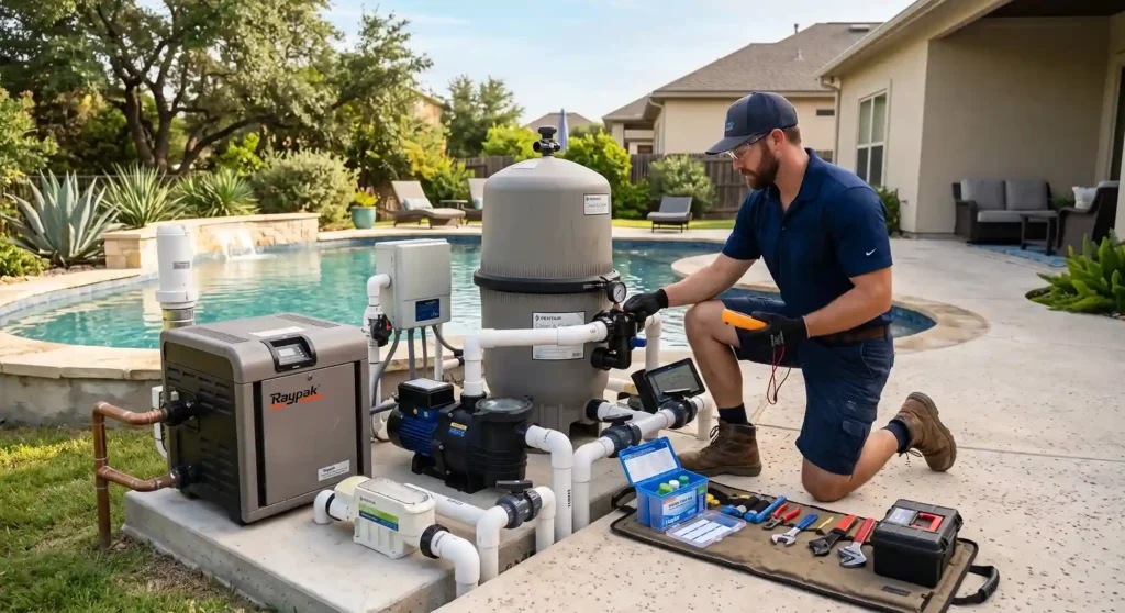 Pool equipment repair San Antonio TX: Costs, signs & how to find a pro 1 Pool equipment repair San Antonio TX, real 2026 costs for pumps, filters & heaters, signs each component is failing & how to find a licensed local pro.